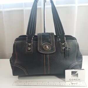 Coach Hampton Medium Black Satchel Pebbled Leather Silver Hardware Lock Accent